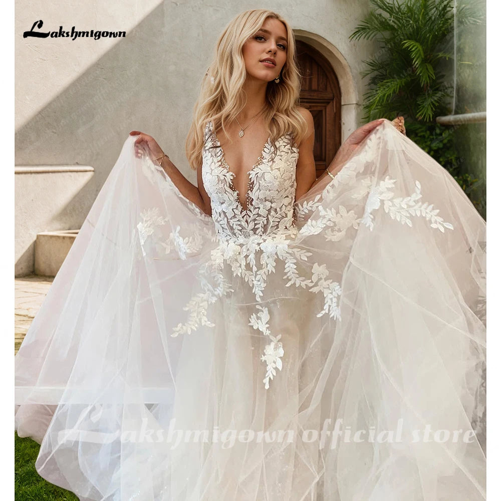 Custom A Line Backless Wedding Dress Featuring Beaded Lace Tulle