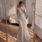Custom White Pearl Halter Mermaid Evening Gown With Gloves Women