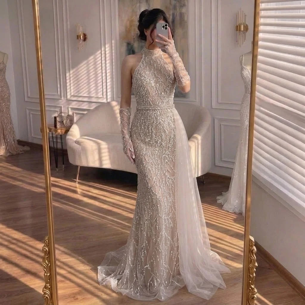 Custom White Pearl Halter Mermaid Evening Gown With Gloves Women