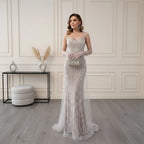 Serene Hill Custom White Mermaid Evening Gown With Pearls And Gloves