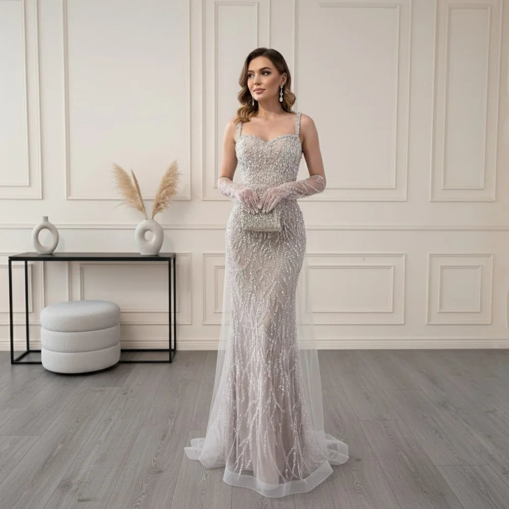 Serene Hill Custom White Mermaid Evening Gown With Pearls And Gloves
