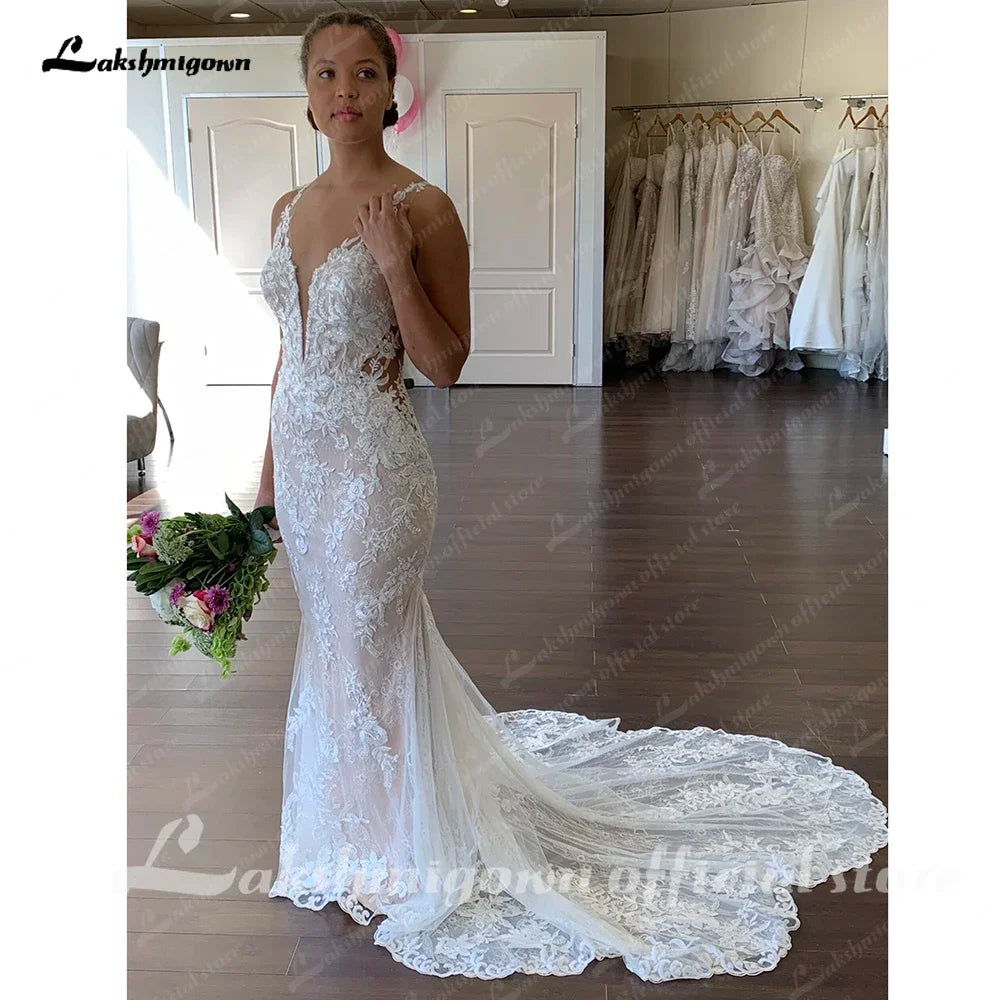 Off White Wedding Dress Lace Appliques V Neck Boho Mermaid Custom Made