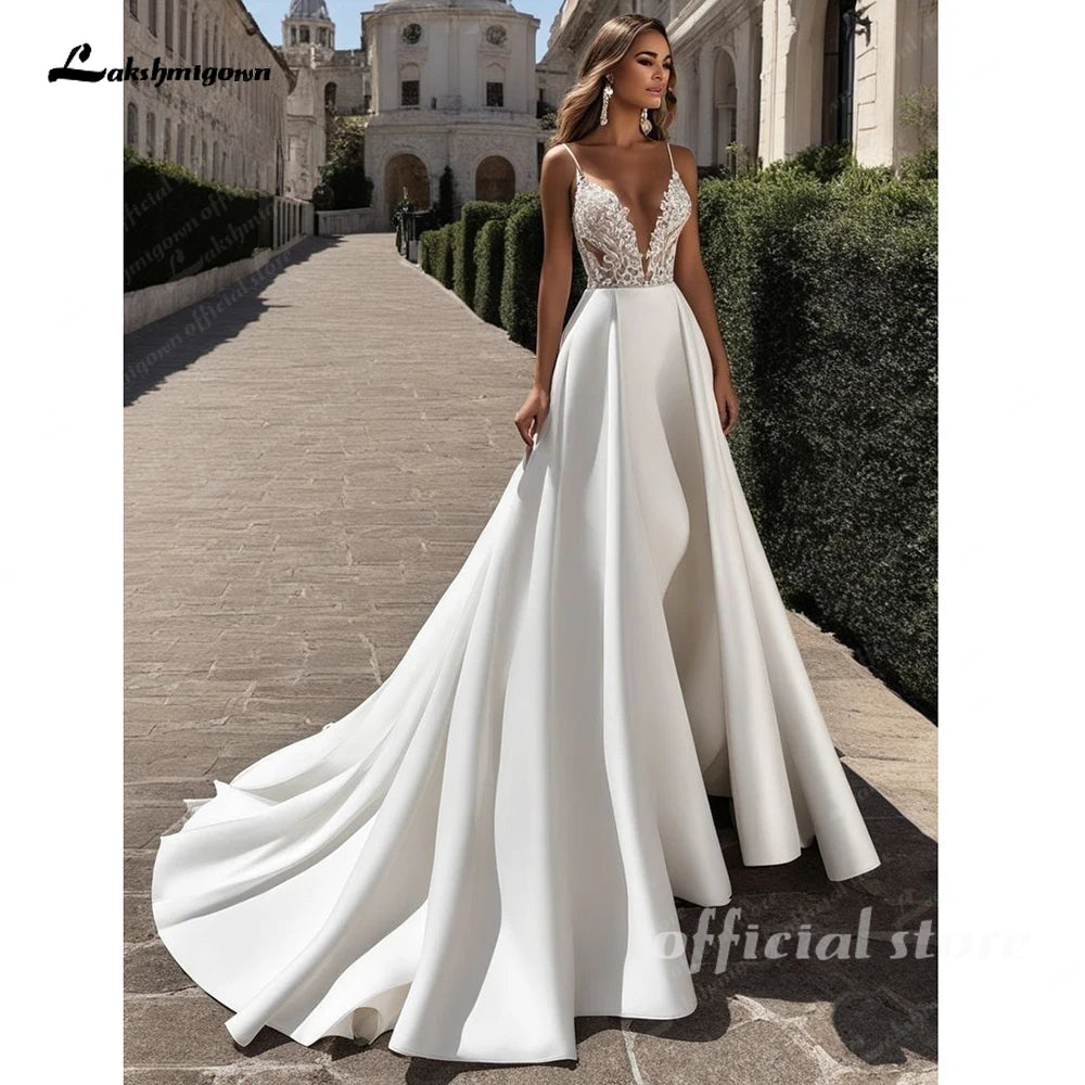 Custom V Neck Satin Lace Wedding Dress For Women With Pocket A Line Boho