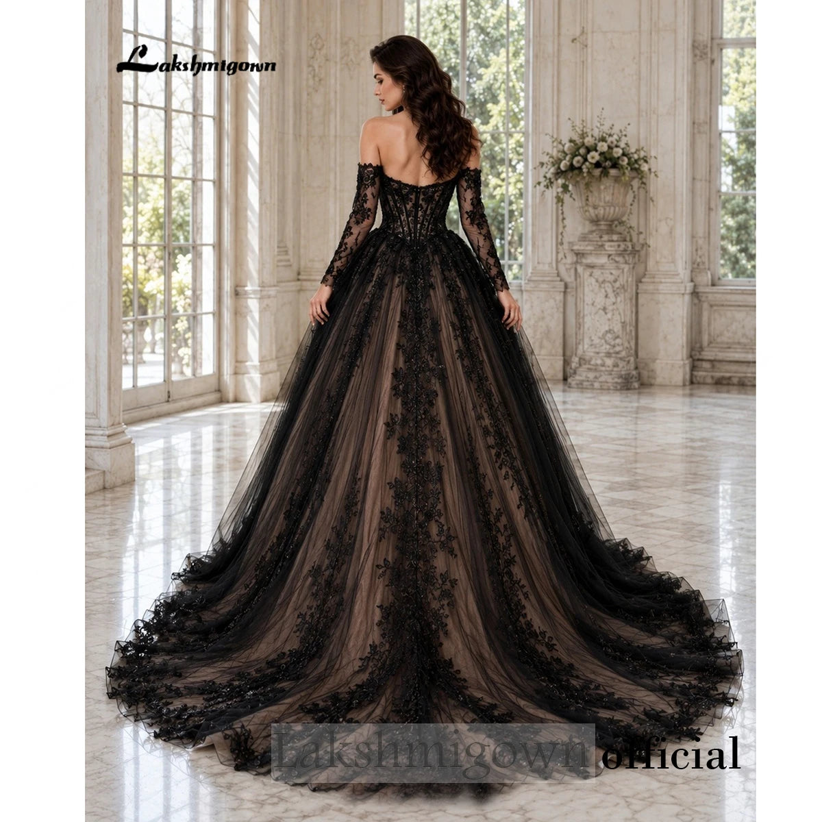 Gothic Wedding Dress Off The Shoulder Ball Gown Black Lace Corset