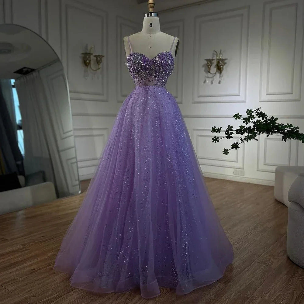 Custom Lilac Spaghetti Strap A Line Beaded Evening Prom Gown For Women