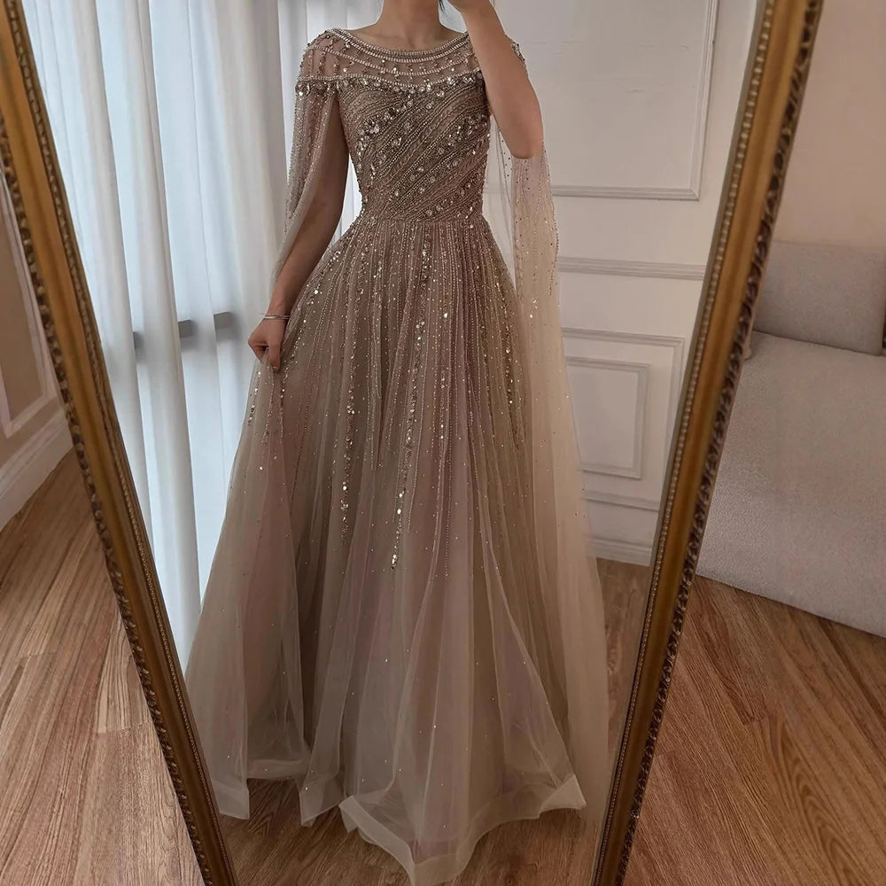 Custom Pink A Line Evening Dress With Beaded Cape Sleeves Formal Gown