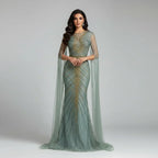 Serene Hill Caramel Beaded Mermaid Evening Gown With Cape Sleeves For Women
