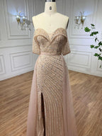 Custom Turquoise Off Shoulder Beaded Mermaid Overskirt Evening Gown For Women