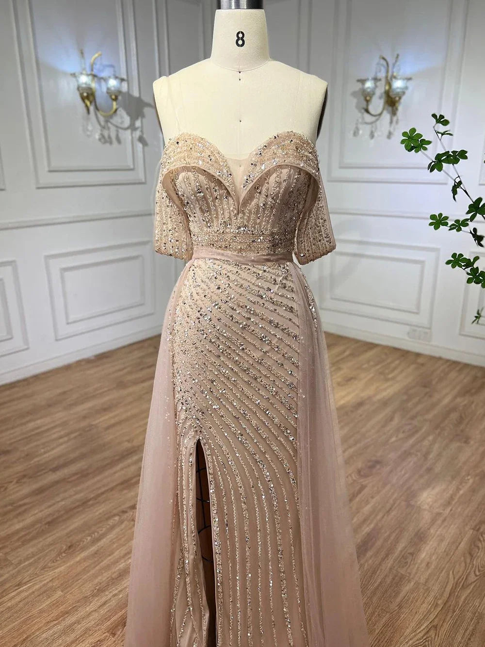 Custom Turquoise Off Shoulder Beaded Mermaid Overskirt Evening Gown For Women