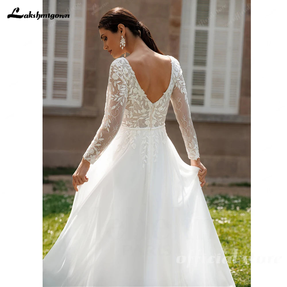 Lakshmigown Lace V-Neck Chiffon Wedding Dress A-Line Backless Customized