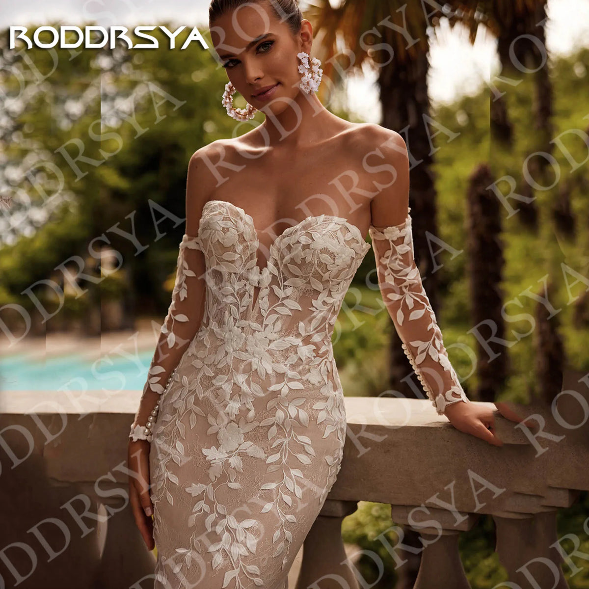 Boho Off Shoulder Mermaid Wedding Dress With Lace Applique
