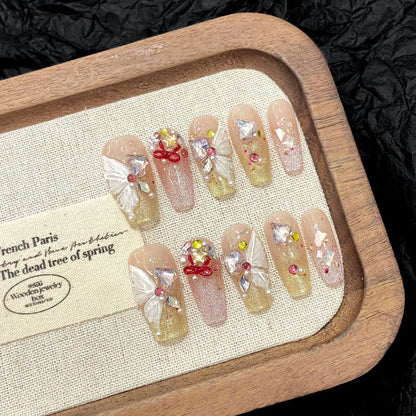 10 uñas postizas de dopamina hechas a mano con diseño de mariposa transparente, con destellos dorados y rosas, con prensa francesa, de diamante y ojo de gato. 