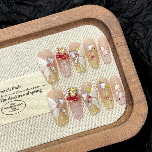 10 uñas postizas de dopamina hechas a mano con diseño de mariposa transparente, con destellos dorados y rosas, con prensa francesa, de diamante y ojo de gato. 