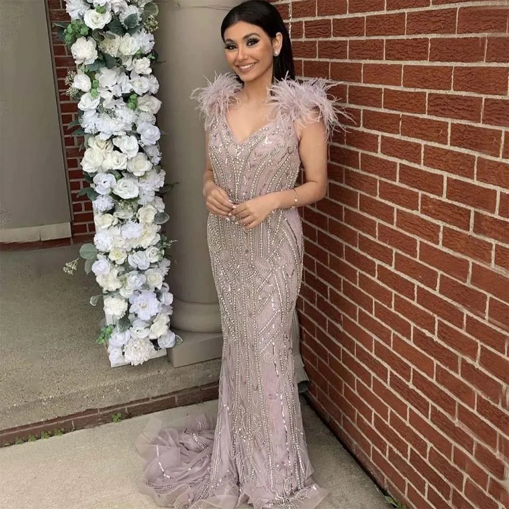 Custom Lilac Feather Beaded Mermaid Evening Dress 2025 Elegant Party Gown Women
