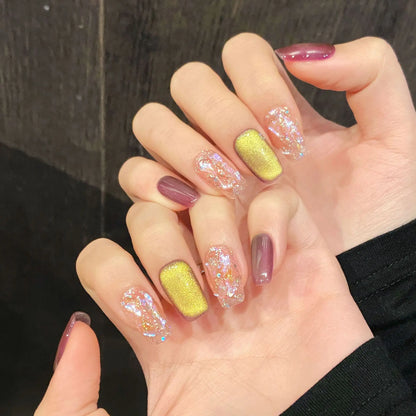 10 uñas postizas de dos colores, hechas a mano, con cuentas de vidrio brillantes, diseño de ojo de gato y lentejuelas brillantes. 