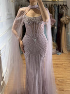 Serene Hill Caramel Pearl Beaded Mermaid Evening Gown With Sheer Cape