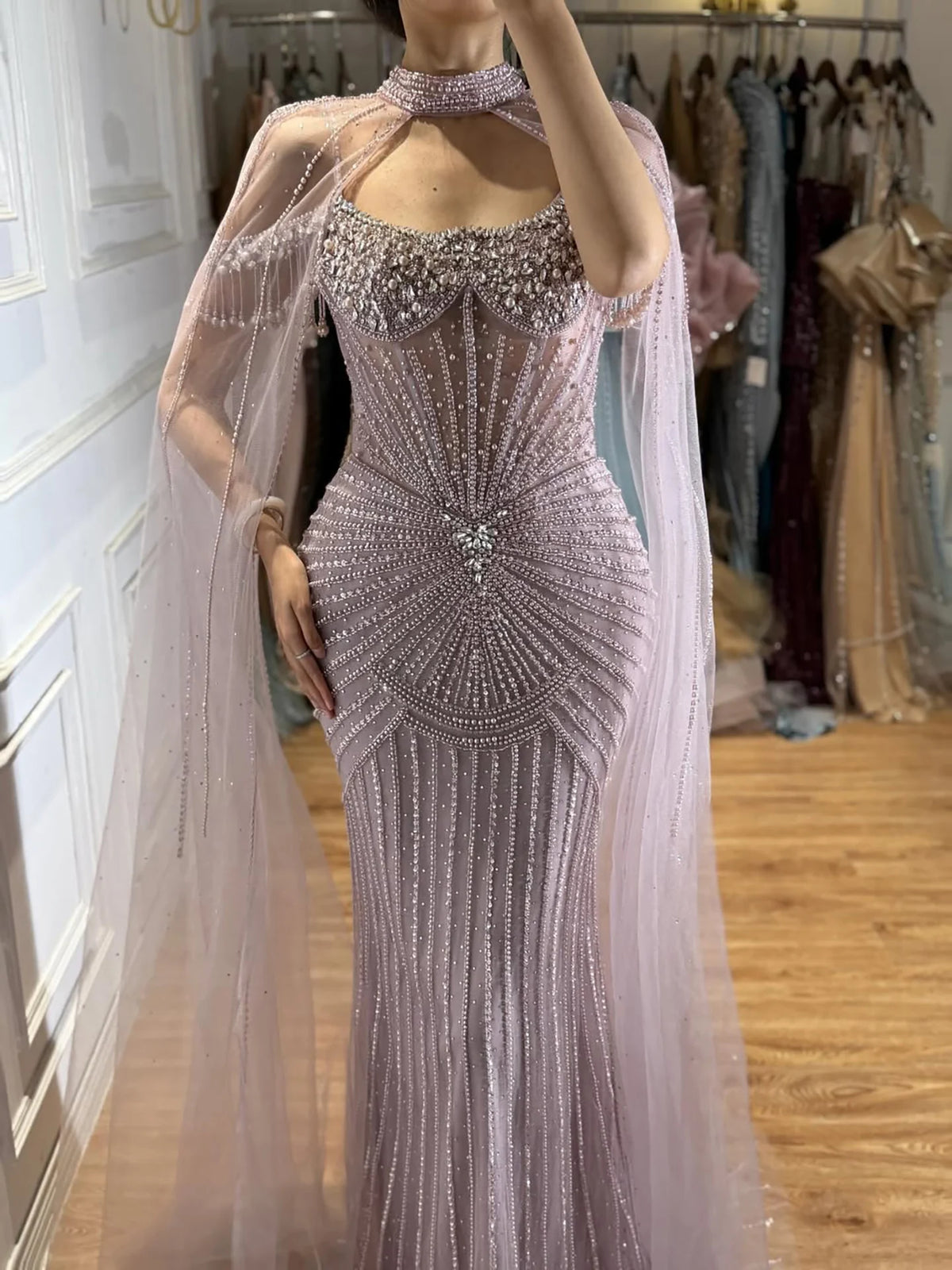 Serene Hill Caramel Pearl Beaded Mermaid Evening Gown With Sheer Cape