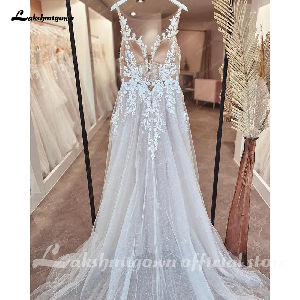 Lakshmigown Custom Illusion Backless Sleeveless Appliques Wedding Dress Bride