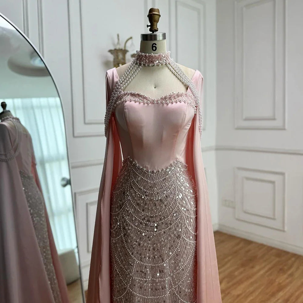 Blue Pearl Beaded Mermaid Evening Dress With Cape For Women Customized