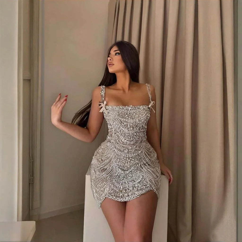 Serene Hill 2026 Custom Beaded Pearl Mini Evening Cocktail Dress Women Luxury