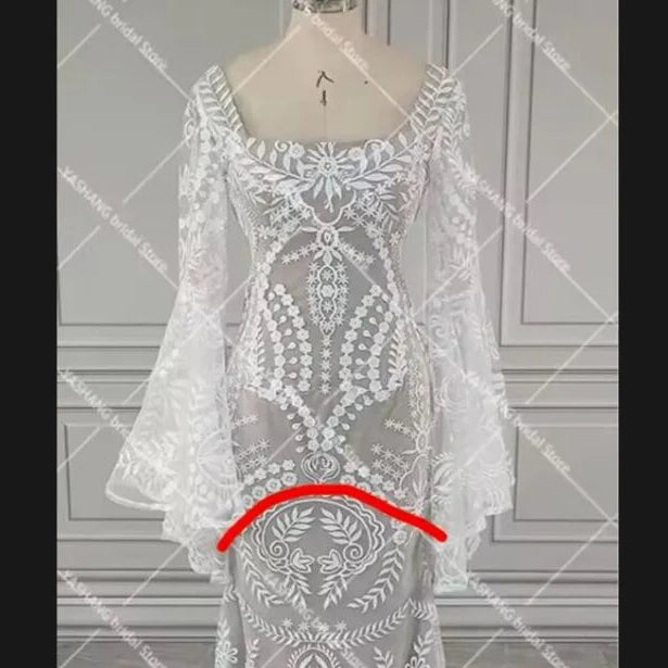 Custom Boho Lace Wedding Dress Rustic Beach Square Neck Batwing Sleeves Gown