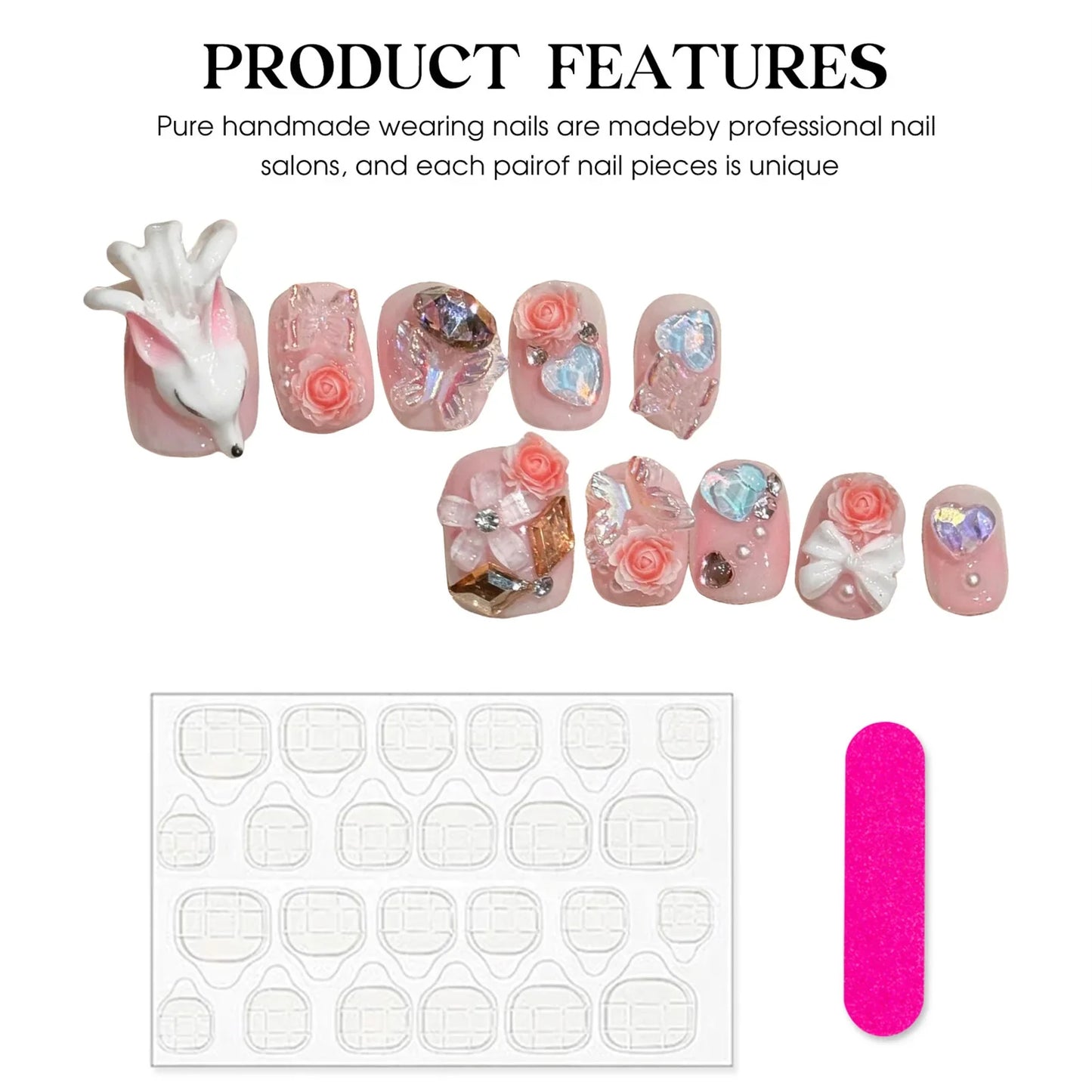 10 uñas postizas cuadradas cortas en rosa claro, hechas a mano, con lazos de flores de zorro 3D y diseños de mariposas. 