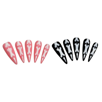 10 uñas postizas con temática de Halloween, hechas a mano, con diseño de garra de gato en degradado, color rosa y negro, con parches largos de aguja. 
