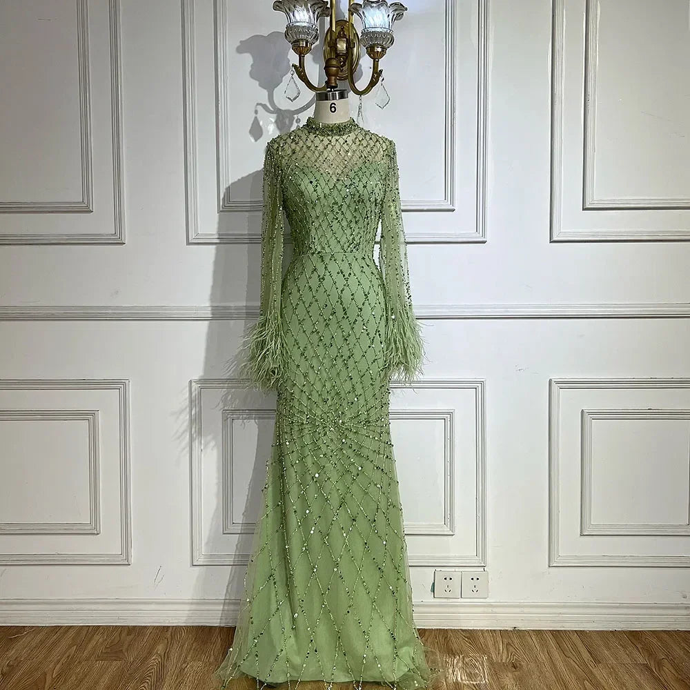 Custom Green Dubai Lace Gown With Beaded Feather Sleeves Formal Wear