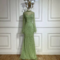 Custom Green Dubai Lace Gown With Beaded Feather Sleeves Formal Wear