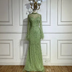 Custom Green Dubai Lace Gown With Beaded Feather Sleeves Formal Wear