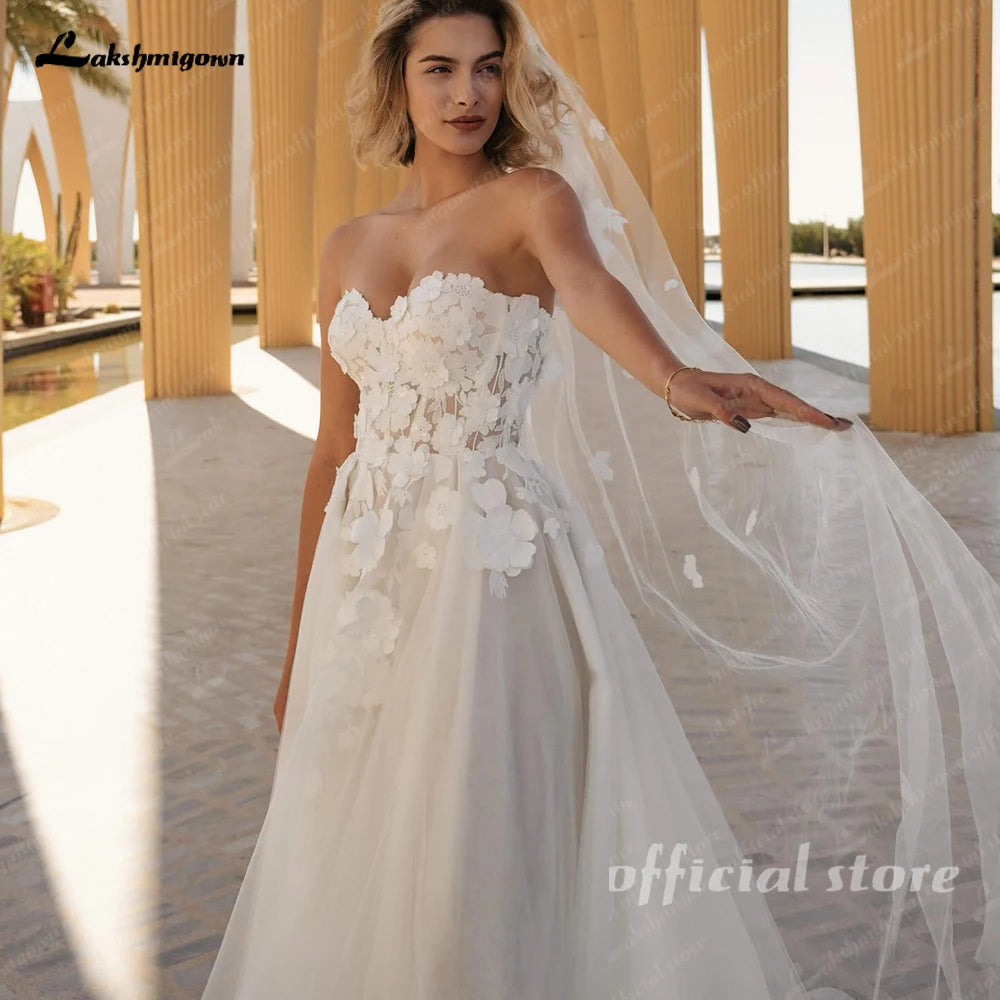 Lakshmigown Modest Sweetheart Wedding Dress With 3D Lace Slit Custom Bridal Gown