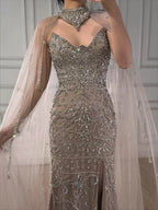 Luxury Sexy Split Evening Dress With Cape Nude LA73339