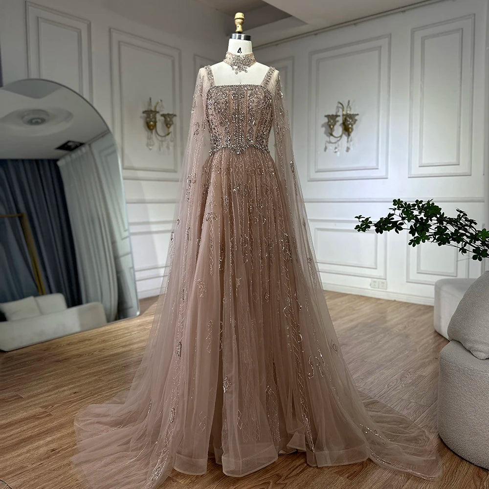 Custom Wine Red Cape Sleeves Beaded Evening Dress Women Formal A Line Gown