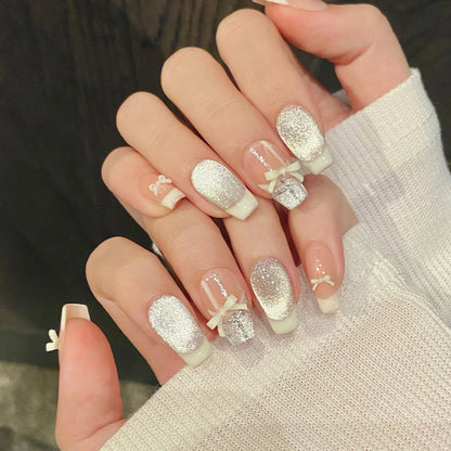 10 uñas postizas hechas a mano estilo ballet con lazos, cinta, crema, puntas francesas, uñas postizas con rubor, brillantes, estilo ojo de gato. 