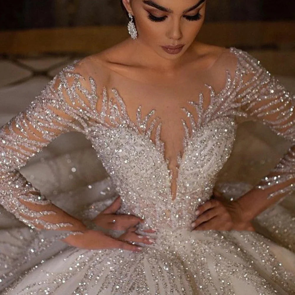 Custom Long Sleeve Sequined Princess Ball Gown Wedding Dress