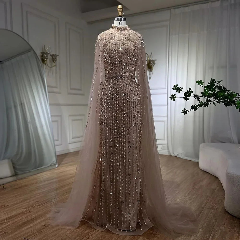 Custom Gray Mermaid Gown Cape Sleeves Beaded Pearls Elegant Evening Dress