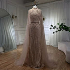 Custom Gray Mermaid Gown Cape Sleeves Beaded Pearls Elegant Evening Dress