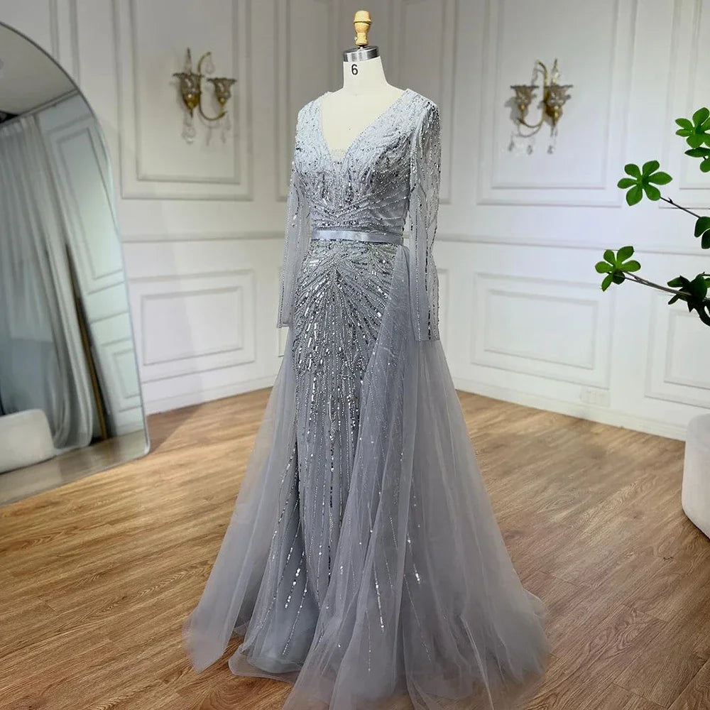 Custom Turquoise Mermaid Evening Dress Long Sleeve Beaded Gown