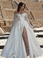 Custom Off Shoulder Satin A Line Wedding Gown Lace Up Back Side Slit
