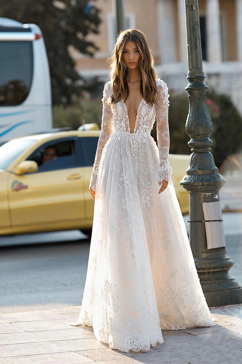 Custom Boho Wedding Dress With Deep V Neck And 3D Floral Lace Appliques