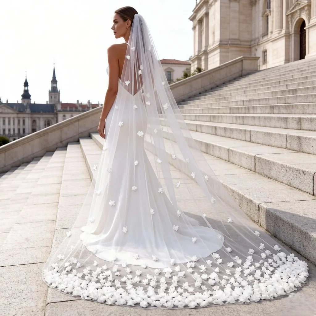 3D Flower Cathedral Bridal Veil With Comb White Ivory Wedding Tulle