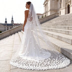 3D Flower Cathedral Bridal Veil With Comb White Ivory Wedding Tulle