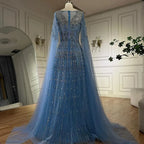 Custom Blue Muslim A Line Evening Dress With Beaded Cape Sleeves 2025