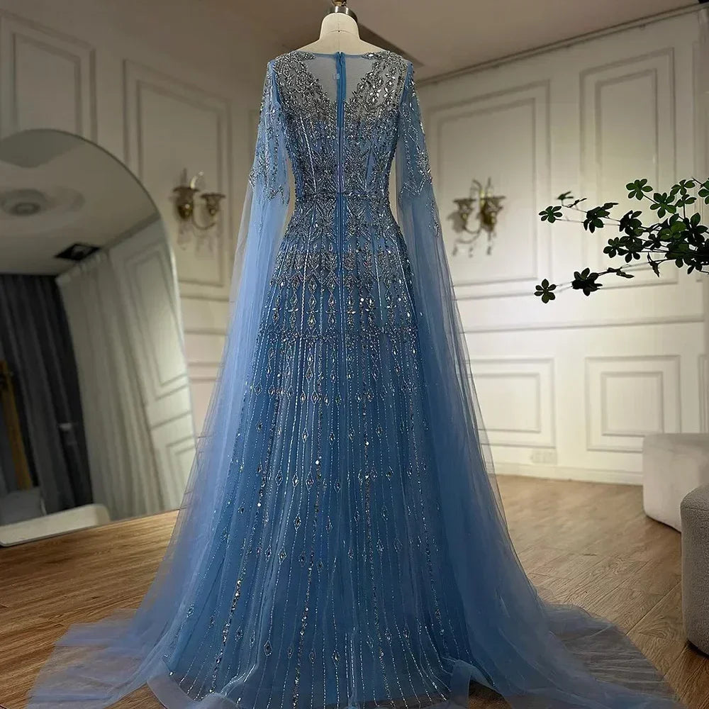 Custom Blue Muslim A Line Evening Dress With Beaded Cape Sleeves 2025