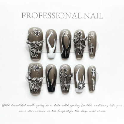 10pcs Y2k Black French Press On Nails Handmade Crocodile Pattern Five-point Star False Nails Metal Punk Style DIY Manicure Art