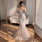 Custom Nude Off Shoulder Mermaid Beaded Evening Gown For Women