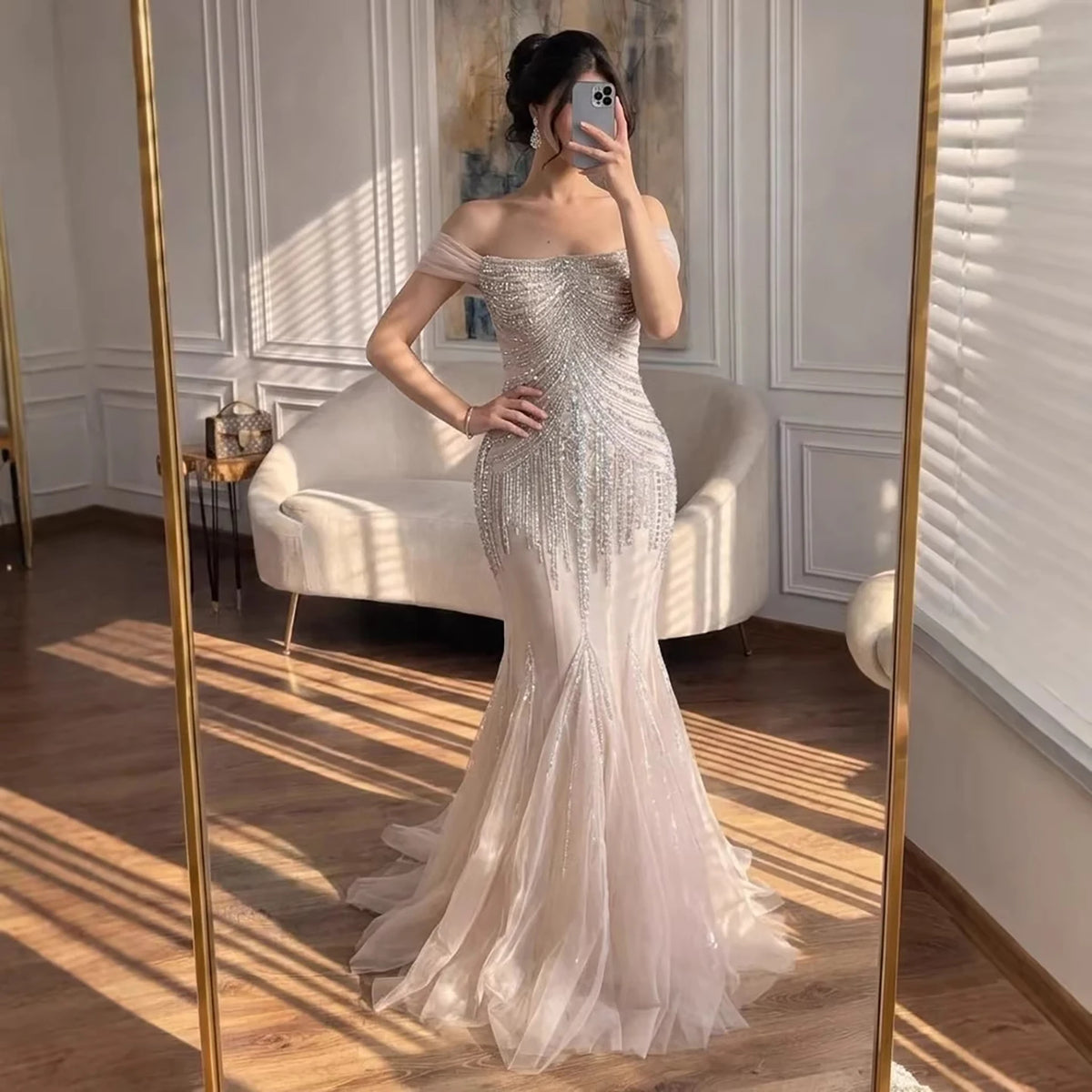 Custom Nude Off Shoulder Mermaid Beaded Evening Gown For Women
