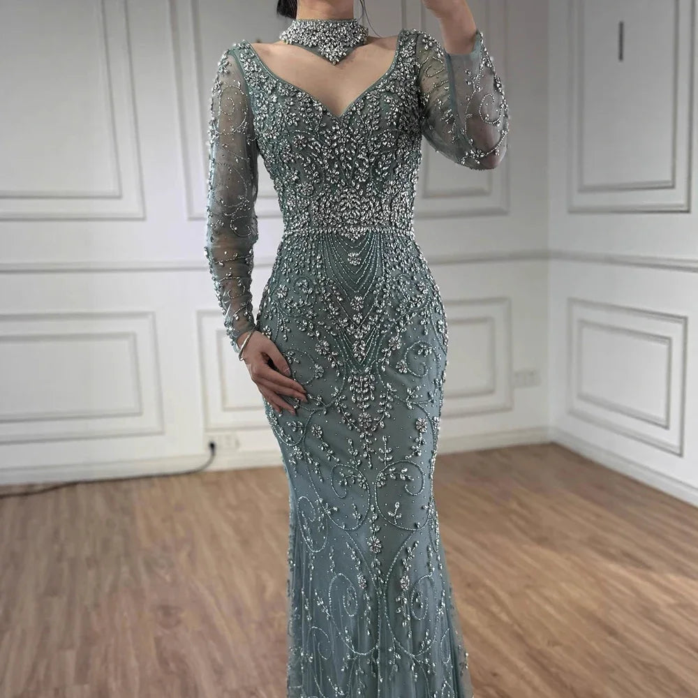 Custom Turquoise Mermaid Evening Dress With Long Sleeves And Beading