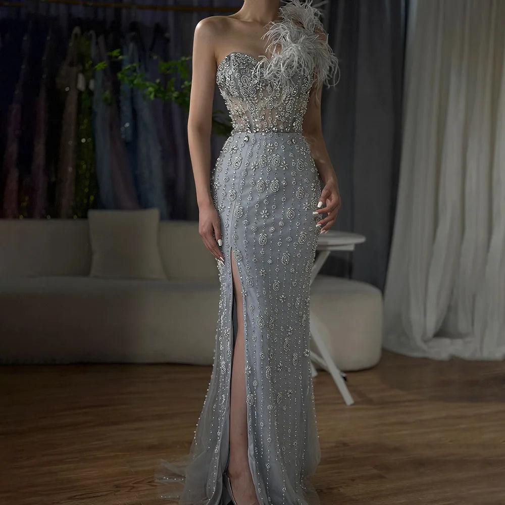 Gray Mermaid One Shoulder Beaded Feather Evening Gown Custom For Women