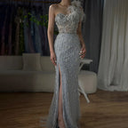 Gray Mermaid One Shoulder Beaded Feather Evening Gown Custom For Women